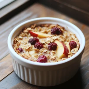 High-Fiber Apple-Cranberry Baked Oats topped with fresh fruit and served in a baking dish.