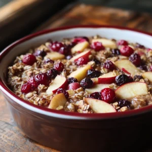 High-Fiber Apple-Cranberry Baked Oats topped with fresh fruit and served in a baking dish.