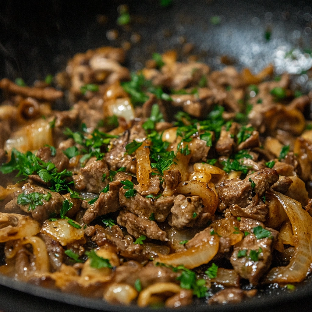 Beef Stroganoff served with creamy sauce and noodles.