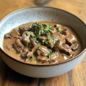 Beef Stroganoff served with creamy sauce and noodles.