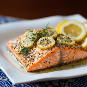 Lemon Pepper and Dill Salmon Recipe featuring tender salmon fillets seasoned with fresh dill, zesty lemon, and cracked pepper, perfectly baked.