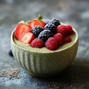 Matcha Chia Pudding with Berries in a clear glass jar, topped with granola and fresh blueberries.