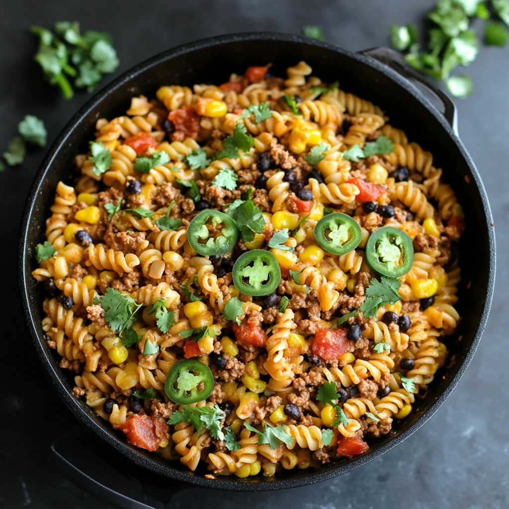 One-Pot Taco Pasta Recipe with flavorful taco-seasoned beef, creamy cheese, and tender pasta cooked together in a single pot.