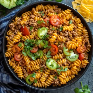 One-Pot Taco Pasta Recipe with flavorful taco-seasoned beef, creamy cheese, and tender pasta cooked together in a single pot.