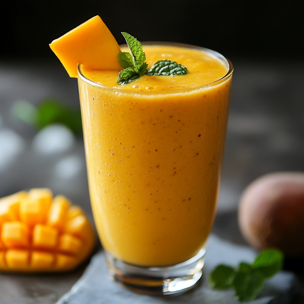 Glass of Orange-Mango Smoothie with orange slices and mint garnish.