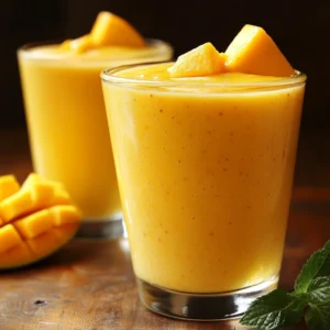 Glass of Orange-Mango Smoothie with orange slices and mint garnish.