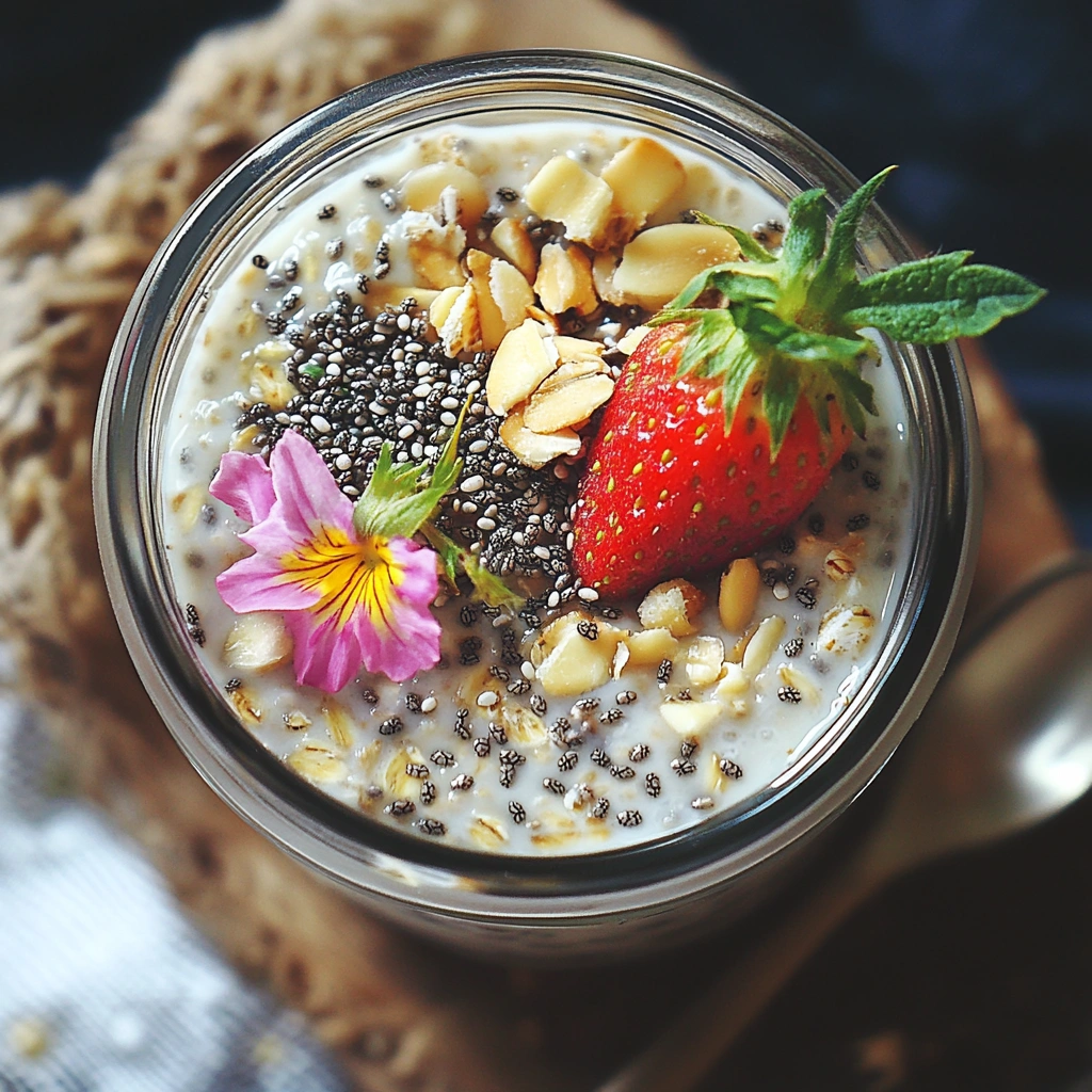 Jar of Overnight Oats with Chia Seeds topped with fresh berries and honey.