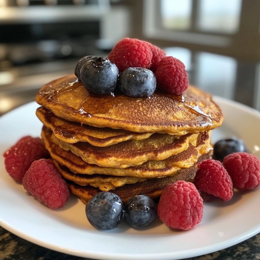 Stack of Protein-Packed Sweet Potato Pancakes with toppings like berries, yogurt, and syrup.