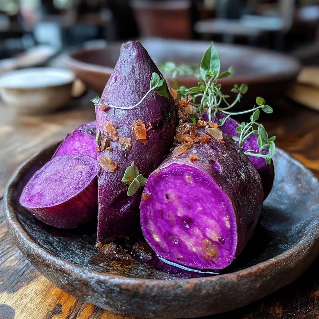 Close-up of vibrant purple sweet potatoes sliced open to reveal their deep purple flesh.