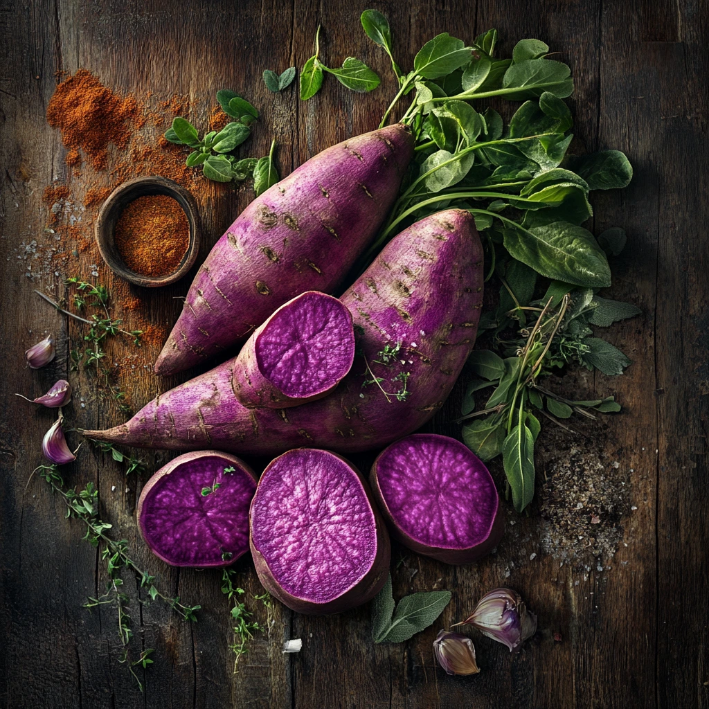 Close-up of vibrant purple sweet potatoes sliced open to reveal their deep purple flesh.