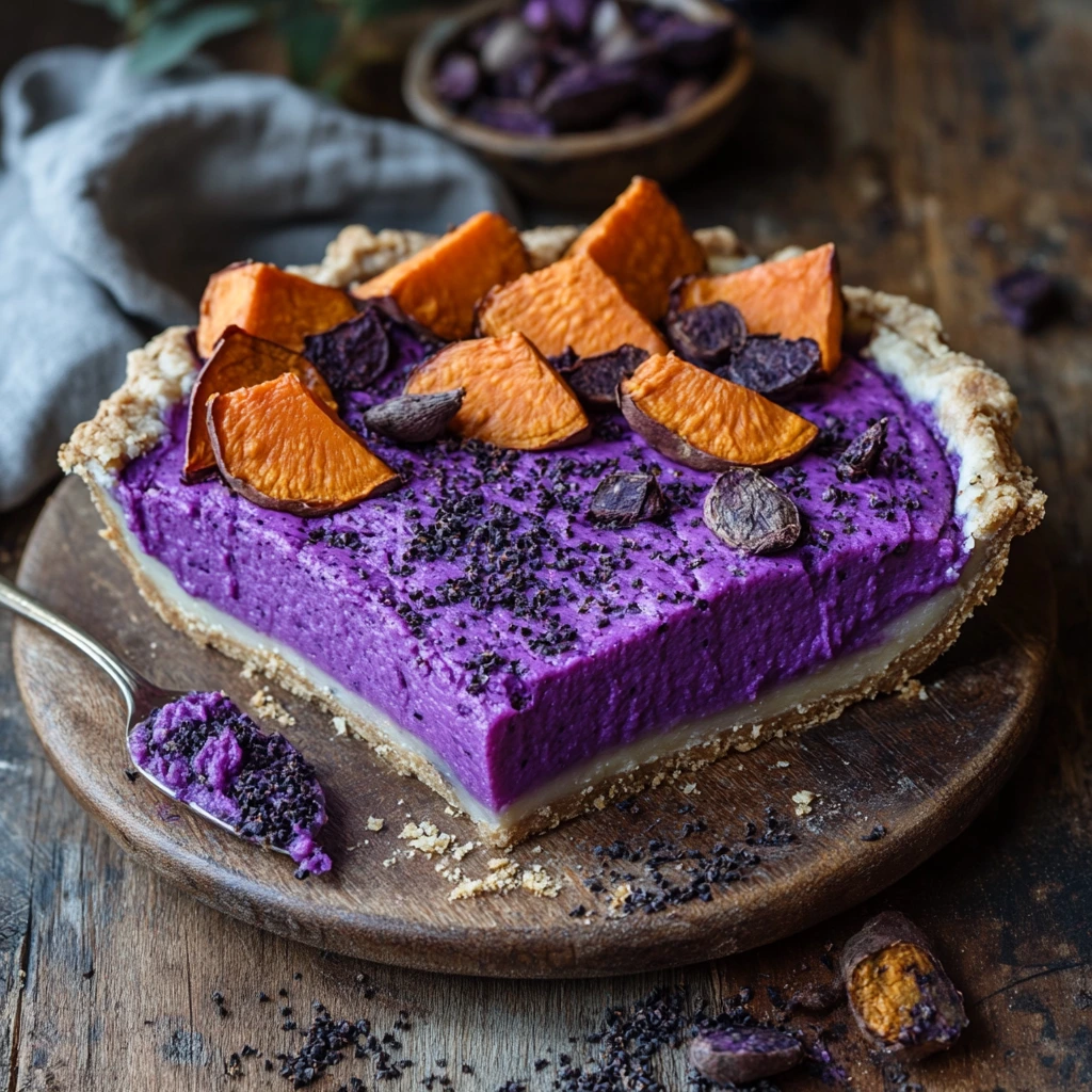 A vibrant purple sweet potatoes pie with a golden crust, served on a white plate, garnished with whipped cream and a sprinkle of cinnamon.