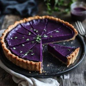 A vibrant purple sweet potatoes pie with a golden crust, served on a white plate, garnished with whipped cream and a sprinkle of cinnamon.