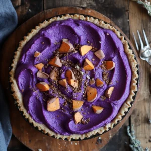 A vibrant purple sweet potatoes pie with a golden crust, served on a white plate, garnished with whipped cream and a sprinkle of cinnamon.