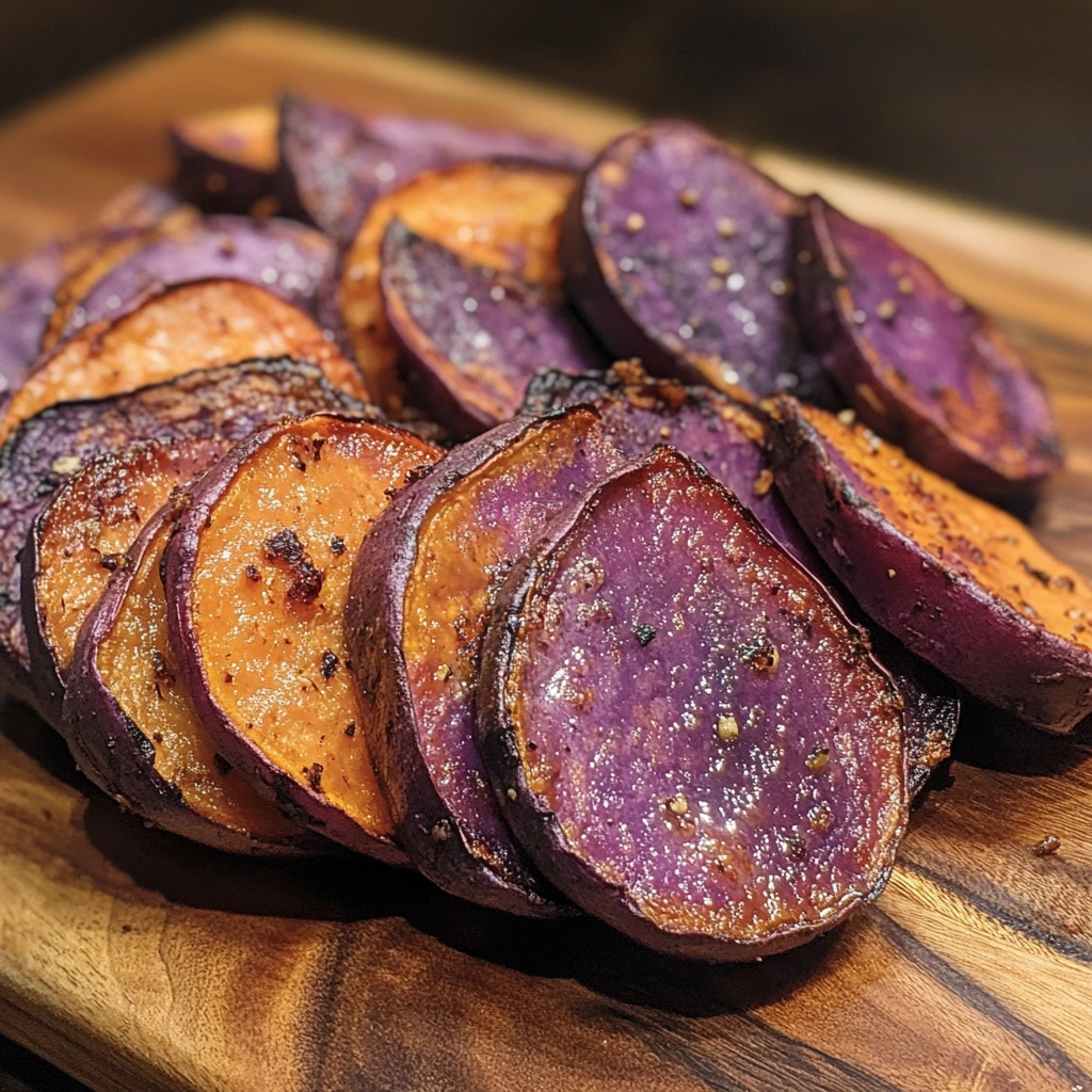 A plate of roasted purple sweet potatoes, sliced into wedges, with a golden-brown caramelized crust. Garnished with fresh herbs and served on a rustic wooden table.