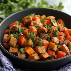 Savory Sweet Potato Breakfast Hash in a skillet with vegetables, eggs, and fresh herbs.