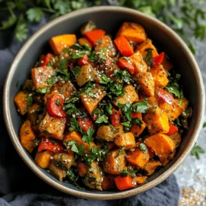 Savory Sweet Potato Breakfast Hash in a skillet with vegetables, eggs, and fresh herbs.