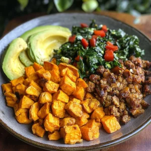 Savory Sweet Potato Breakfast Hash in a skillet with vegetables, eggs, and fresh herbs.