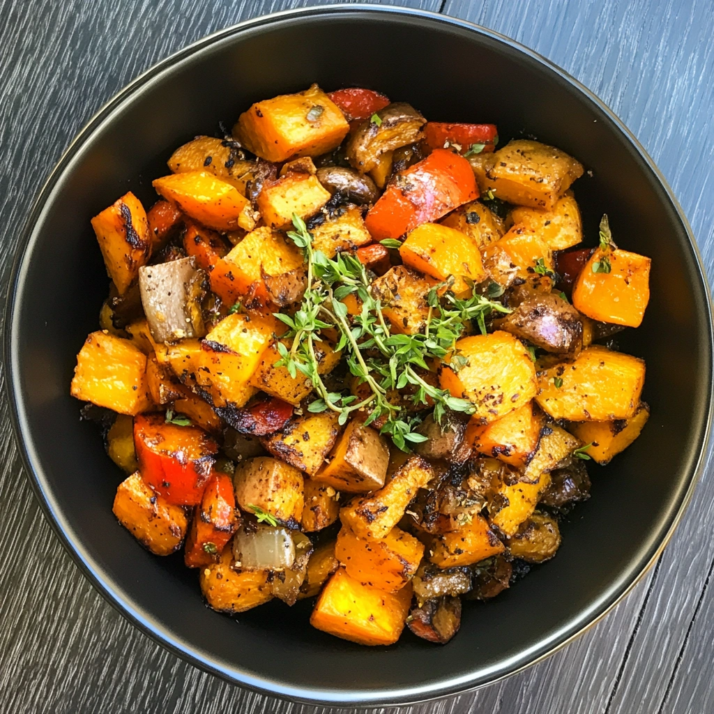 Savory Sweet Potato Breakfast Hash in a skillet with vegetables, eggs, and fresh herbs.