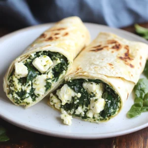 Spinach & Feta Breakfast Wraps with eggs, spinach, and feta cheese folded in a tortilla.