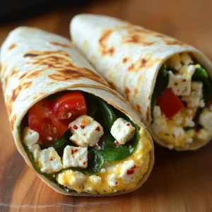 Spinach & Feta Breakfast Wraps with eggs, spinach, and feta cheese folded in a tortilla.