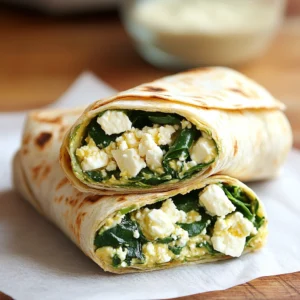 Spinach & Feta Breakfast Wraps with eggs, spinach, and feta cheese folded in a tortilla.