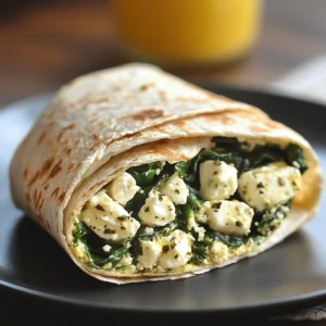 Spinach & Feta Breakfast Wraps with eggs, spinach, and feta cheese folded in a tortilla.