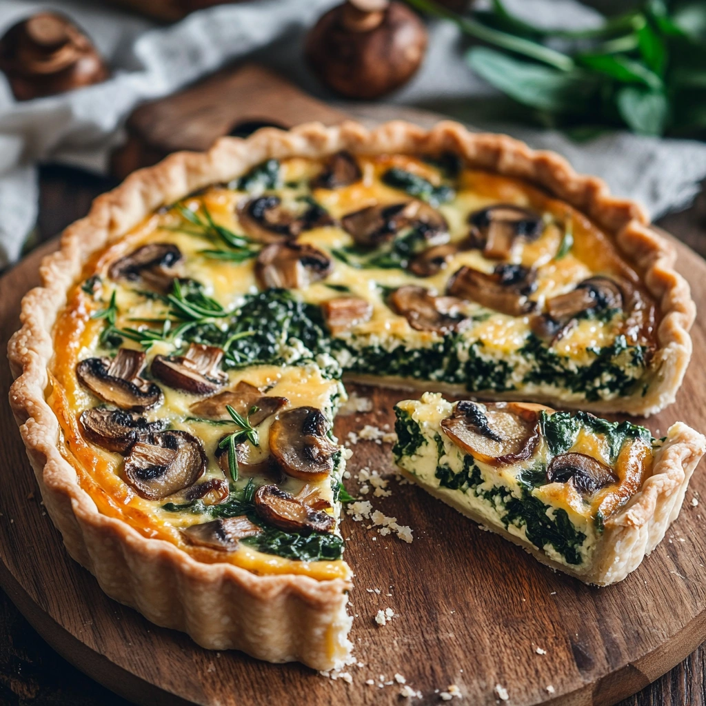 Spinach and mushroom quiche in a baking dish, topped with golden melted cheese and ready to serve.