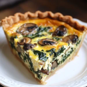 Spinach and mushroom quiche in a baking dish, topped with golden melted cheese and ready to serve.