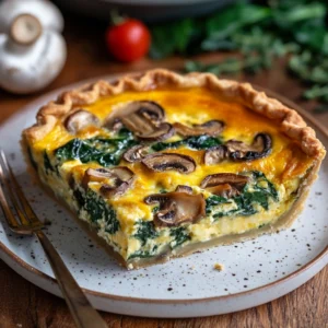 Spinach and mushroom quiche in a baking dish, topped with golden melted cheese and ready to serve.