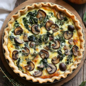 Spinach and mushroom quiche in a baking dish, topped with golden melted cheese and ready to serve.