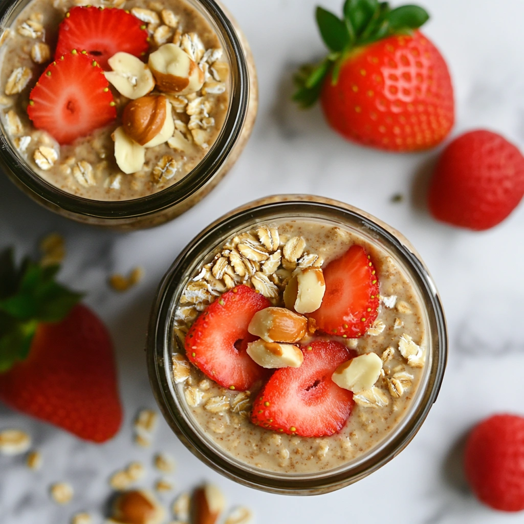 Strawberry & Peanut Butter Overnight Oats in a jar with fresh strawberry slices and a peanut butter drizzle on top.