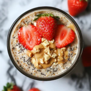 Strawberry & Peanut Butter Overnight Oats in a jar with fresh strawberry slices and a peanut butter drizzle on top.