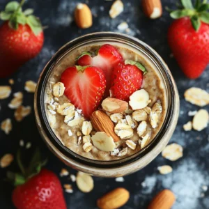 Strawberry & Peanut Butter Overnight Oats in a jar with fresh strawberry slices and a peanut butter drizzle on top.