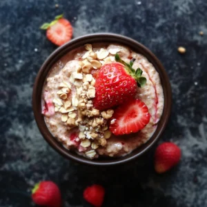 Strawberry & Peanut Butter Overnight Oats in a jar with fresh strawberry slices and a peanut butter drizzle on top.