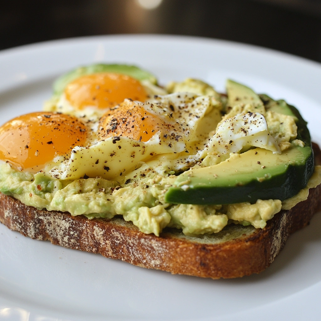 Avocado toast with eggs and garnished herbs served on a wooden plate.