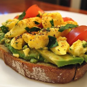 Avocado toast with eggs and garnished herbs served on a wooden plate.