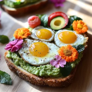 Avocado toast with eggs and garnished herbs served on a wooden plate.