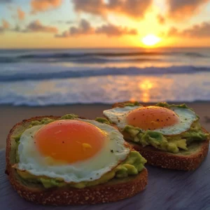 Avocado toast with eggs and garnished herbs served on a wooden plate.