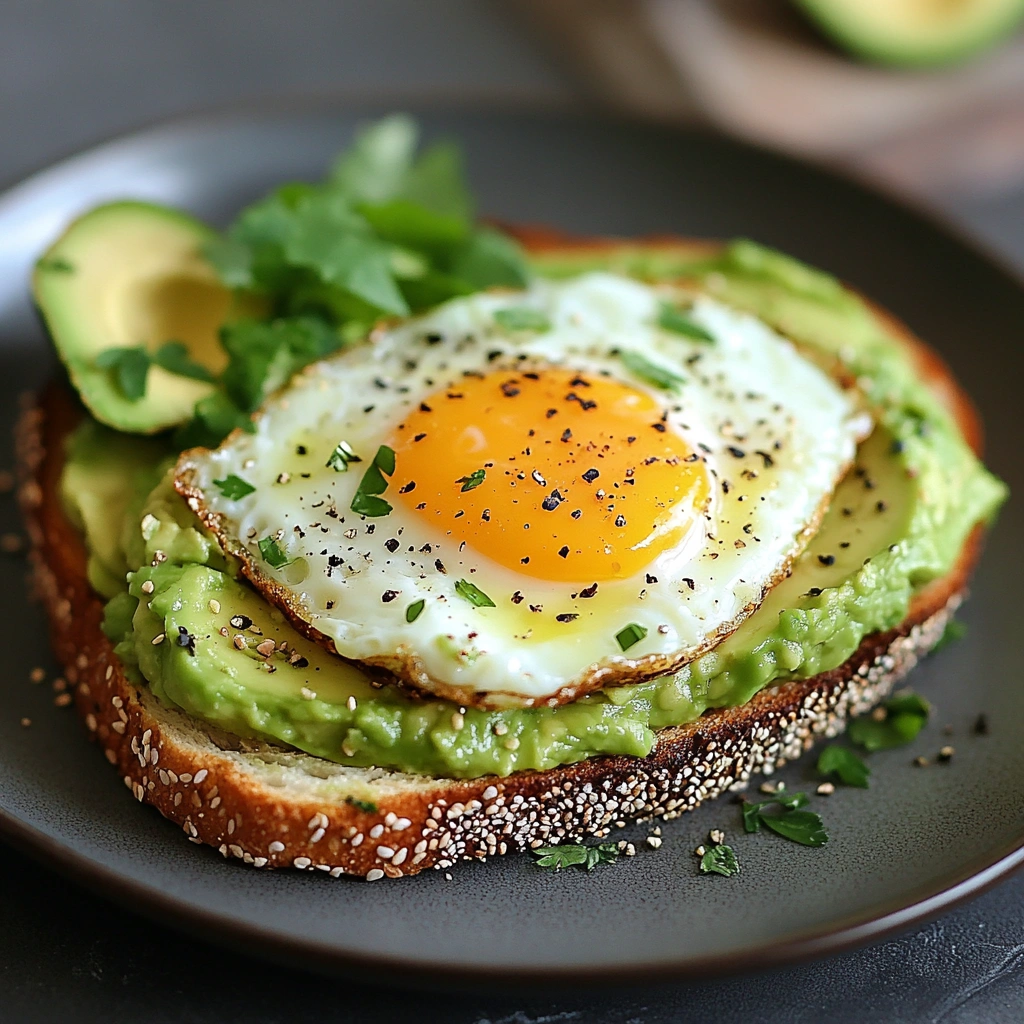 Avocado-Egg Toast topped with poached eggs and garnished with fresh herbs on a wooden plate.