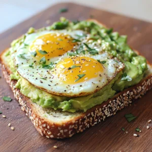 Avocado-Egg Toast topped with poached eggs and garnished with fresh herbs on a wooden plate.