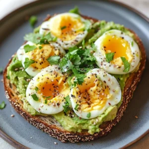 Avocado-Egg Toast topped with poached eggs and garnished with fresh herbs on a wooden plate.