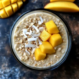 Variety of tropical breakfast recipes featuring mango, oats, and coconut.