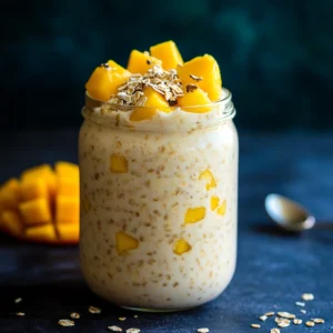 Variety of tropical breakfast recipes featuring mango, oats, and coconut.