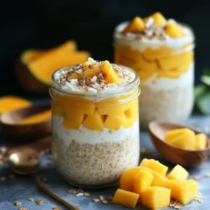 Variety of tropical breakfast recipes featuring mango, oats, and coconut.