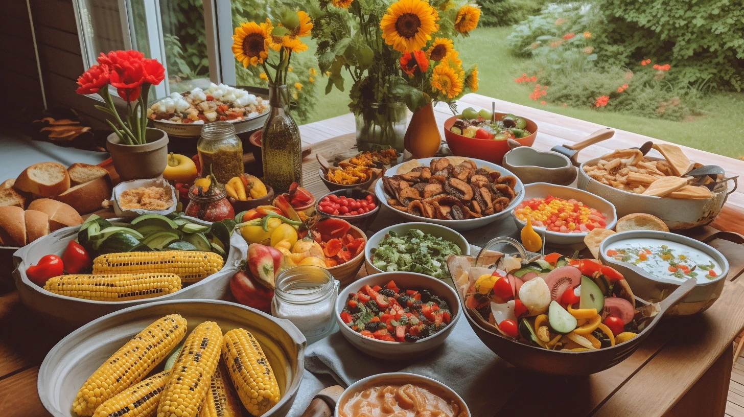 Vegan BBQ featuring grilled vegetables, plant-based patties, and side dishes on an outdoor table.