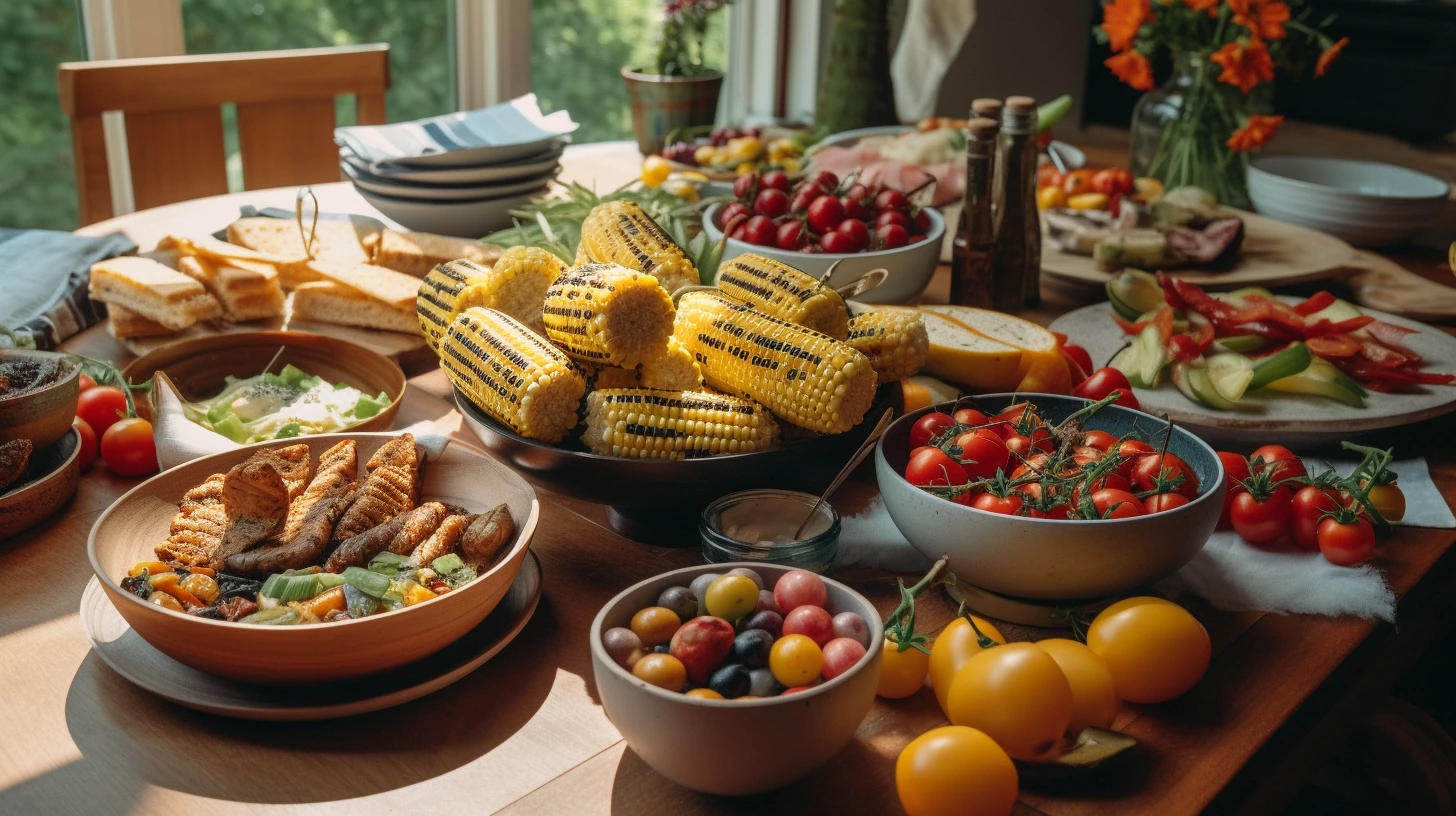 Vegan BBQ featuring grilled vegetables, plant-based patties, and side dishes on an outdoor table.