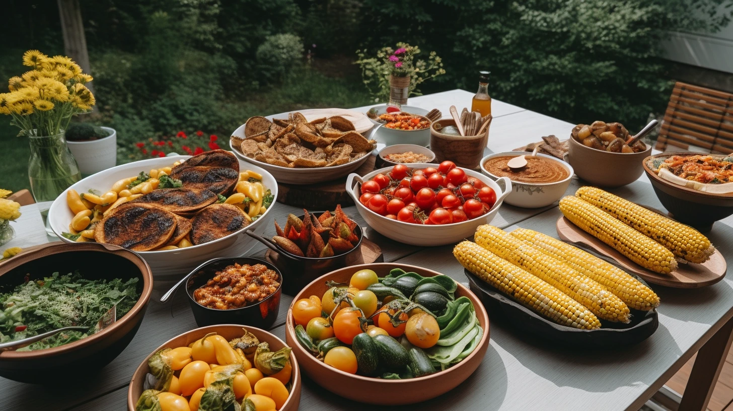 Vegan BBQ featuring grilled vegetables, plant-based patties, and side dishes on an outdoor table.