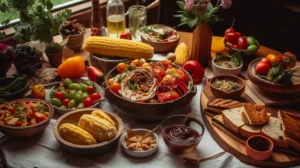 Vegan BBQ featuring grilled vegetables, plant-based patties, and side dishes on an outdoor table.