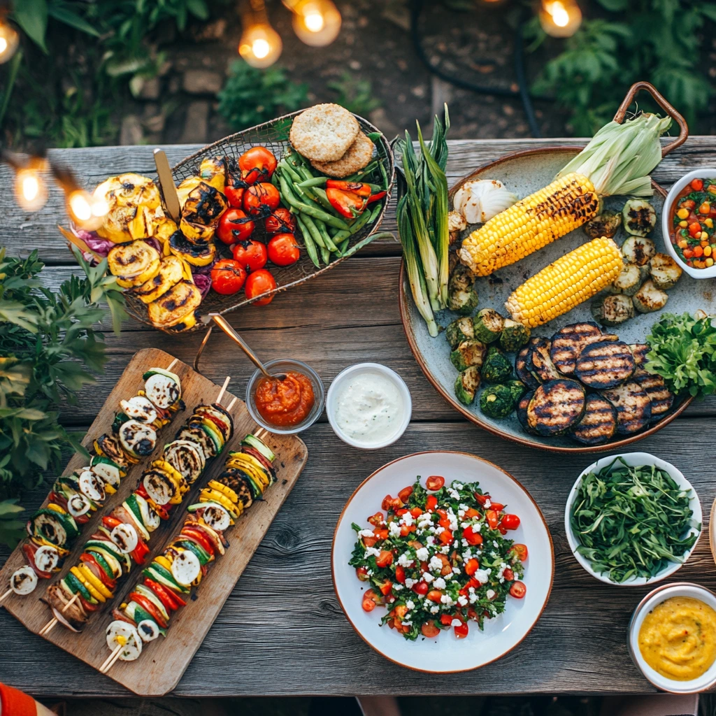 An outdoor table with grilled vegetables, plant-based burgers, quinoa salad, and dips, set against a lush backyard backdrop with string lights.