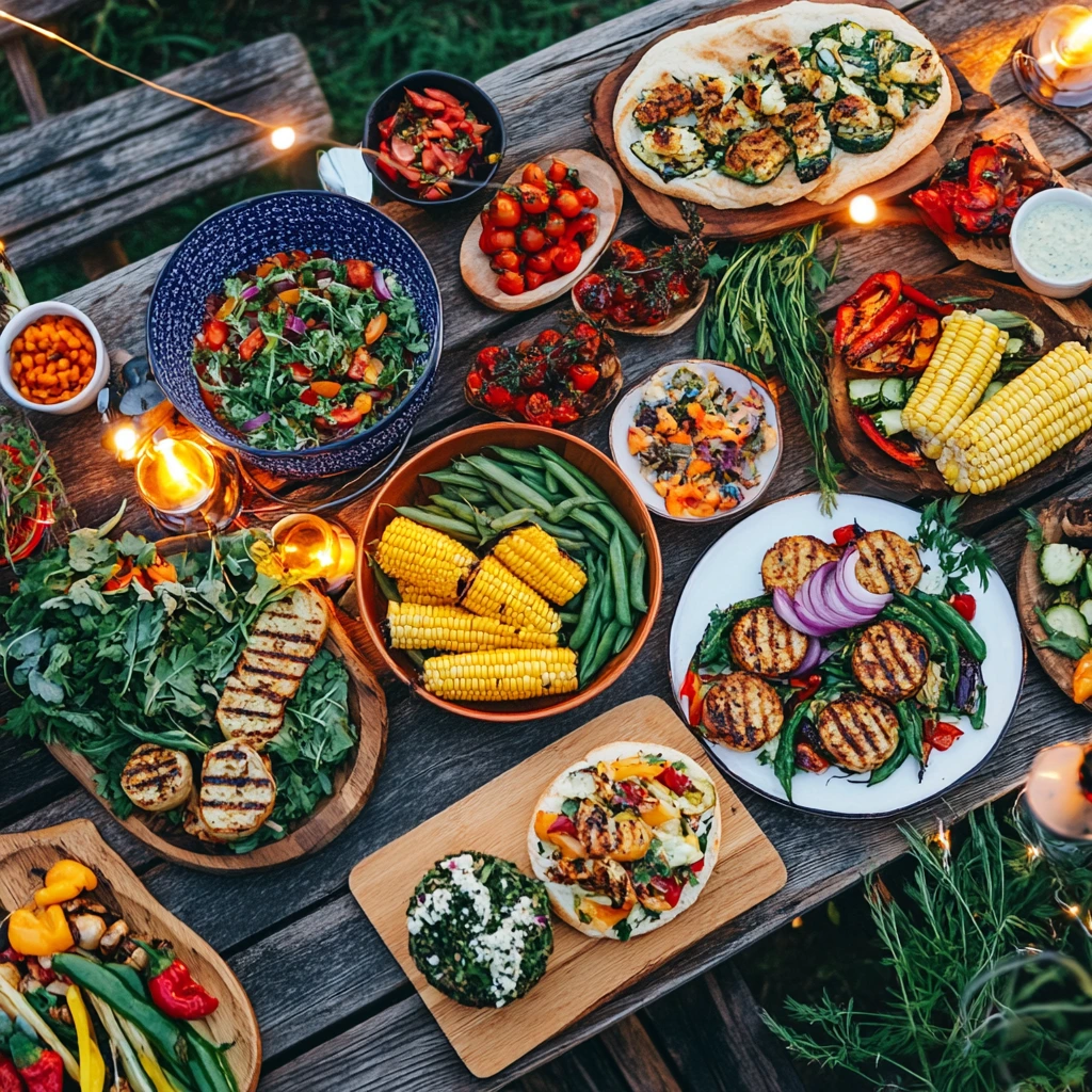 An outdoor table with grilled vegetables, plant-based burgers, quinoa salad, and dips, set against a lush backyard backdrop with string lights.